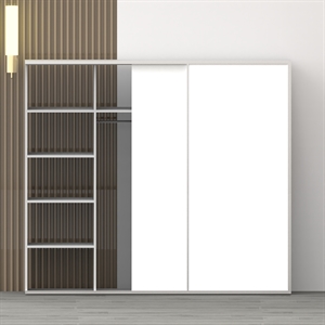 Garderobeskab 230,80 cm med skydelåger i hvid, hylder og bøjleplads – dansk design, nem montering